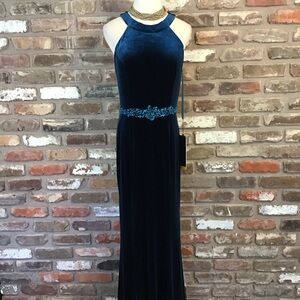 ROYAL QUEEN Women's Elegant Teal Velvet Maxi Dress with Embellished Waist 10 NEW